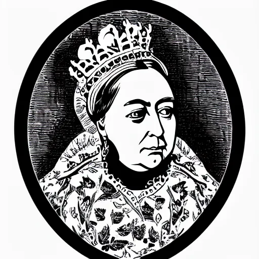 Prompt: queen victoria with a detailed line work skull over her face in screen print graphic style