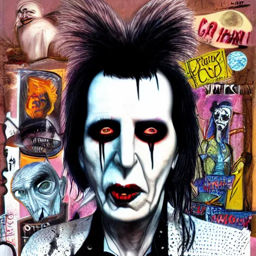 Image similar to graphic illustration, creative design, alice cooper as marilyn manson, biopunk, francis bacon, highly detailed, hunter s thompson, concept art, mixed media 1 6. 0