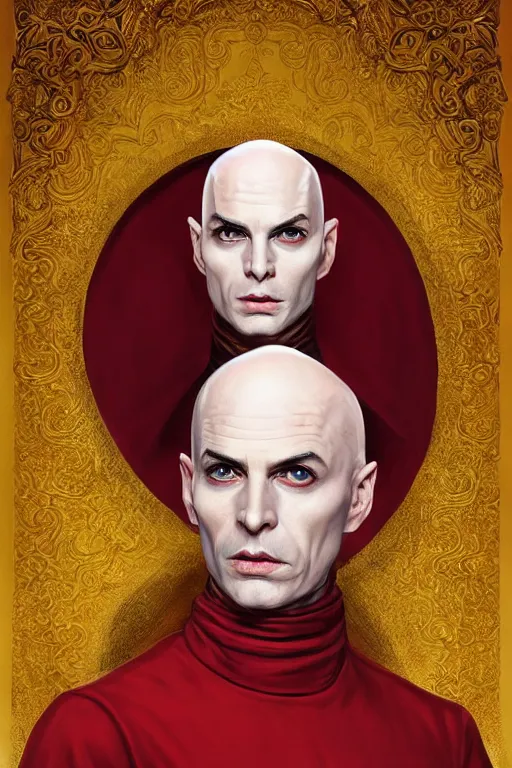 Prompt: a bald pale sorcerer in his late ninetees. stately and dour in his expression. eyeliner accentuates his sunken eyes. a high black turtleneck covers his thin neck. opulent white golden red robe, gold decoration, sharp focus, digital painting, illustration, art by magali villeneuve