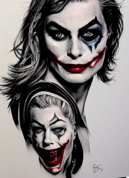 Image similar to tattoo design of margot robbie with joker makeup, ace card, in the style of rob richardson, realistic face, black and white, realism tattoo, hyper realistic, highly detailed