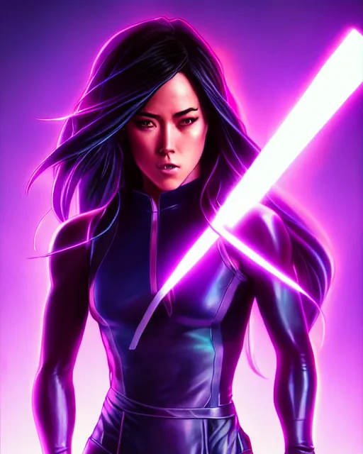 Image similar to Psylocke Chloe Bennet long hair, holding purple Halo energy sword, realistic character concept, action pose, comic book, illustration, slender symmetrical face and body, artstation, cinematic lighting, hyperdetailed, artgerm, 8k, Rafeal Albuquerque comic book art, single face, insanely detailed and intricate, beautiful