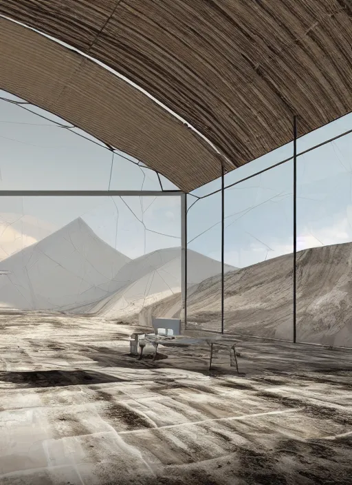 Image similar to interior hangar bioremediation white architecture, in the mining tailings of chuquicamata, epic, cinematic, hyperealistic, high detailed, corona render, hdr, ray tracing