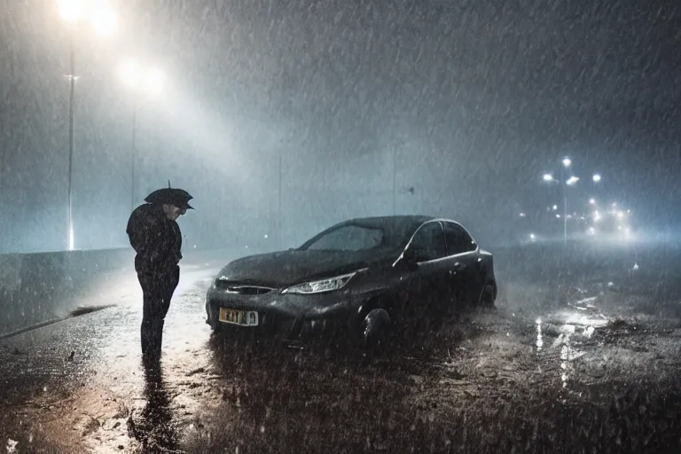 Image similar to a photo of heavy rain on a man sitting on a car in a sunken city, outdoor lighting, dynamic lighting, volumetric, wide angle, anamorphic lens, go pro, 4k