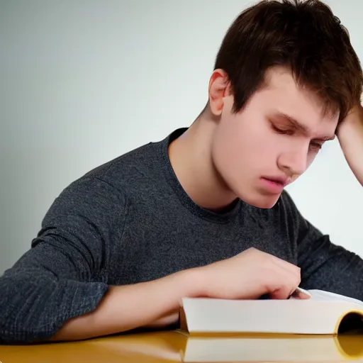 Prompt: a 1 7 years old boy, trying to study for his exams, realistic photo, hyper detailed, studio light