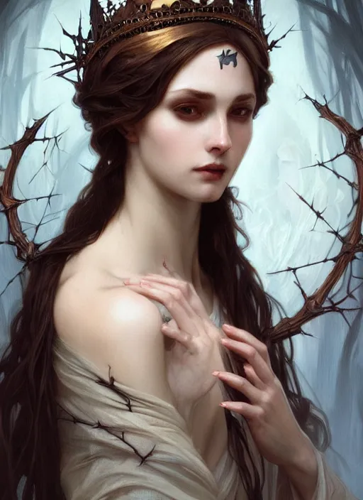 Prompt: beautiful pale gothic maiden with crown of thorns, intricate, elegant, highly detailed, digital painting, artstation, concept art, smooth, sharp focus, illustration, art by artgerm and greg rutkowski and alphonse mucha