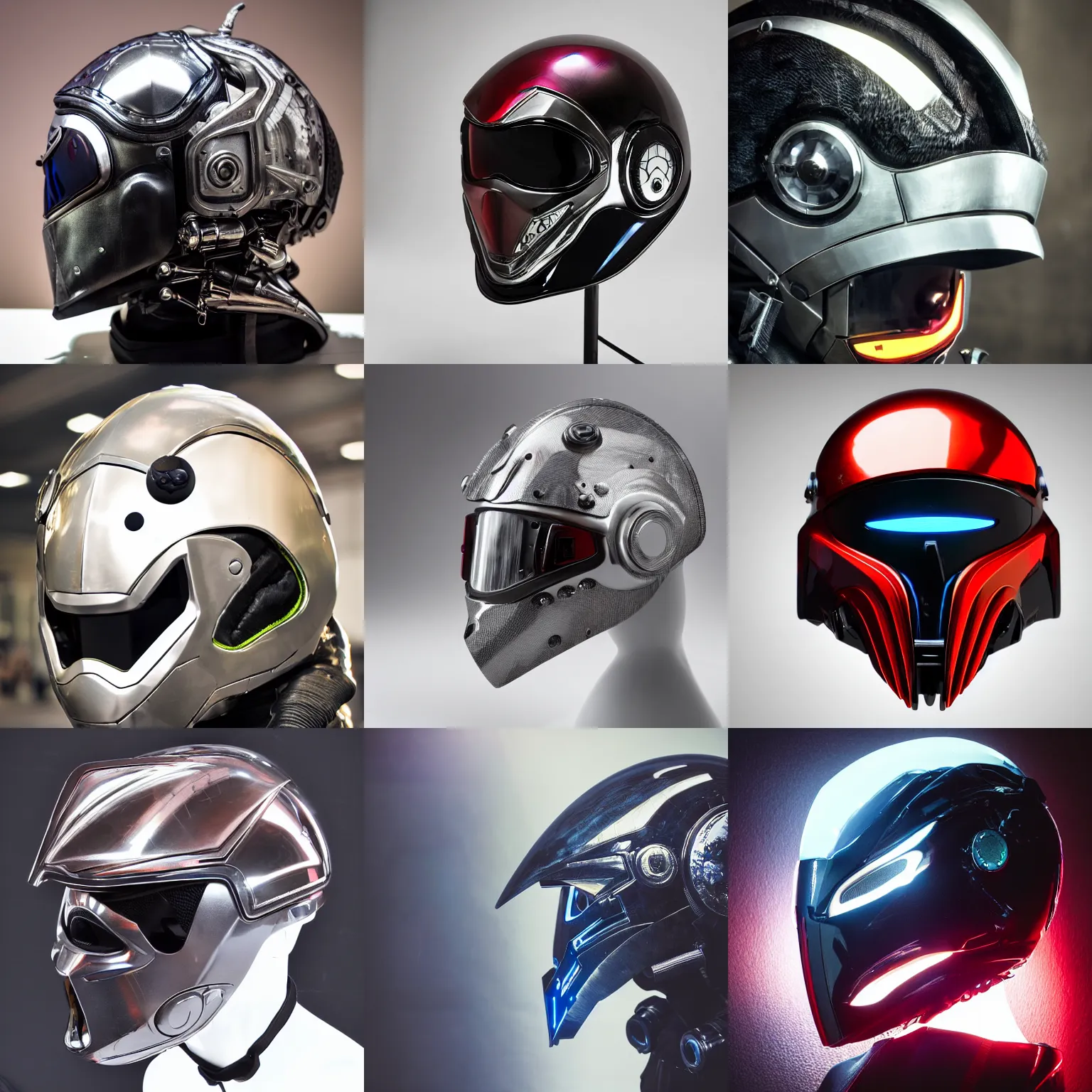 Prompt: highres photo of a motorcycle helmet, cyberpunk, robotic futuristic dragon themed helmet, sony produced, techwear, chrome, cyber, very cool, large horns, aesthetic, helmet, dragon, dragon shaped helmet, cybernetic, cyberpunk, designed by
