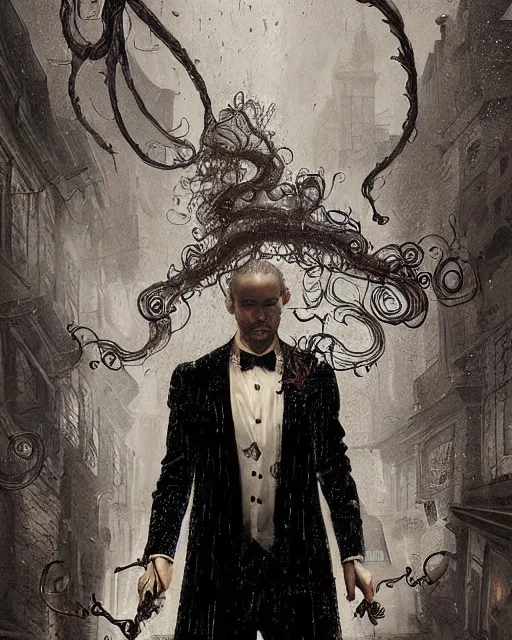 Image similar to a highly detailed portrait of devious male magician radiating a powerful energy aura, ornate back tuxedo, wispy tendrils of smoke, intricate, digital painting, old english, raining, sepia, particles floating, whimsical background by marc simonetti, artwork by liam wong