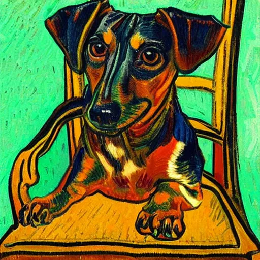 Prompt: Portrait of a dachshund on a chair, painted by Vincent Van Gogh