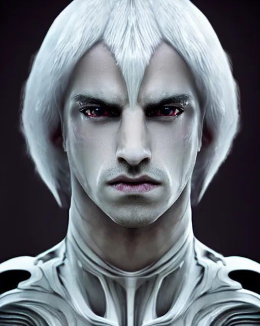 Prompt: perfect white haired egyptian male god, brute, fantasy nanosuit skin armor, beautiful, symmetric, dreamy, half african, black salamander eyes, charlize theron, detailed, scifi platform, laboratory, experiment, 4 k, ultra realistic, epic lighting, android body, illuminated, cinematic, masterpiece, art by akihito tsukushi, voidstar