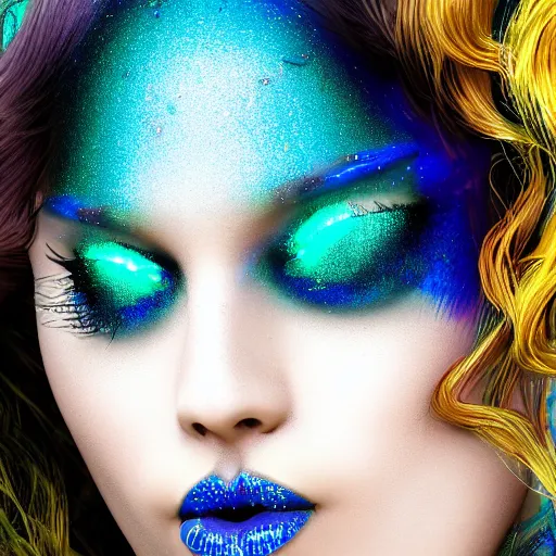 Prompt: mermaid with blue iridescent scales for skin, fierce black eyes and seaweed for hair, digital art 8k