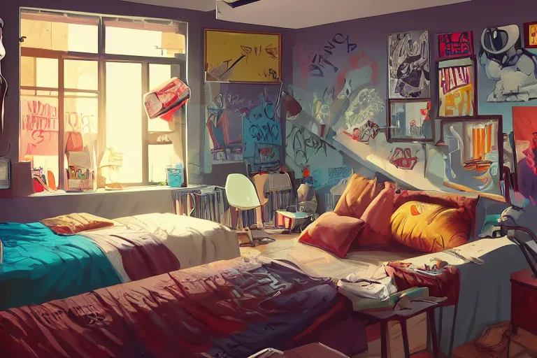 Prompt: a room of an american teen, graffiti and posters on the wall, bed, guitar, bright, the sun shines in, warm, cozy, isometric art, bright, artstation, highly detailed, cinematic lighting + masterpiece