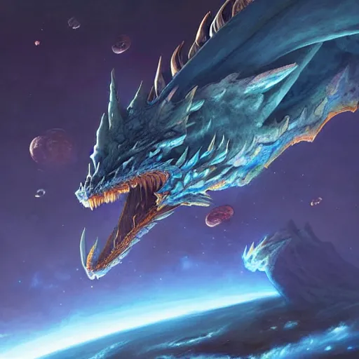 Image similar to Gigantic blue scaled dragon devouring an earth like planet while flying in space, sun system, behemoth, human dragon hybrid, nebula, oil painting, by Fernanda Suarez and Edgar Maxence and Greg Rutkowski