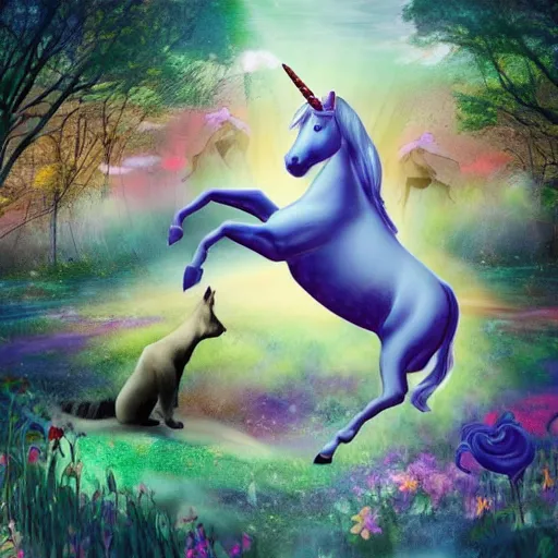 Image similar to dream : a fabulous landscape, a magical unicorn. a boy is sitting astride him. a cat is lying