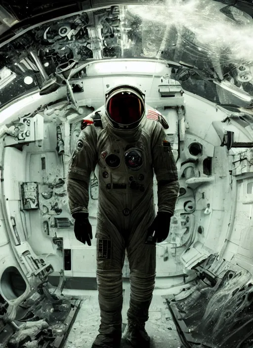 Image similar to complex poster by craig mullins astronaut in futuristic dark and empty spaceship underwater. infrared glowing lights. complex and hyperdetailed technical suit. reflection and dispersion materials. rays and dispersion of light. volumetric light. 5 0 mm, f / 3 2. noise film photo. flash photography. unreal engine 4, octane render. interstellar movie art