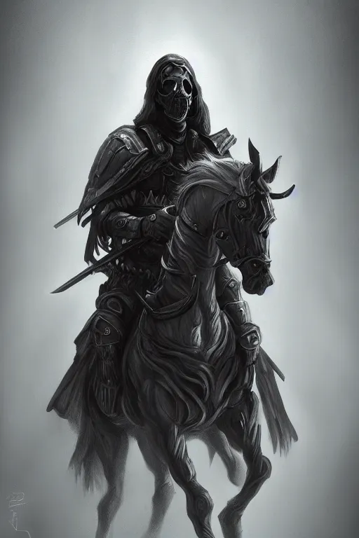 Image similar to a portrait of the horseman of the apocalypse, conquest, famine, death, war, grim - lighting, high - contrast, intricate, elegant, highly detailed, digital painting, artstation, concept art, smooth, sharp focus, illustration