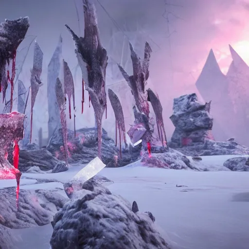 Prompt: highly detailed bloody ice spikes are errupting from the ground by magic, a group of knights in plate - armor impalent by bloody stakes, horrible death on the spot, gloomy lights in the sky, octane render, unreal engine, hyperrealistic