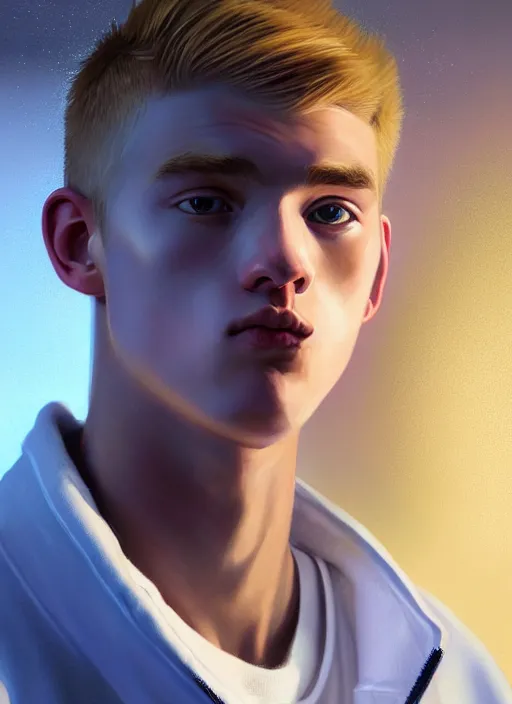 Image similar to portrait of high school senior boy named big moose, blonde short hair, jock, beefy, wide face, square jaw, square facial structure, blue varsity jacket with his name, intricate, elegant, glowing lights, highly detailed, digital painting, artstation, concept art, sharp focus, illustration, art by wlop, mars ravelo and greg rutkowski