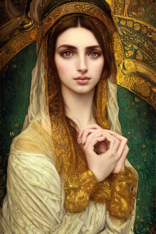 Image similar to 8k Portrait of a Beautiful Arabic female, sad green eyes, beautiful Porcelain skin, elegant, jewellery, digital painting, Pre-Raphaelites, highly detailed, concept art, cinematic lighting, smooth, sharp focus, gold and indigo, illustration, art by Klimt and Alphonse Mucha.