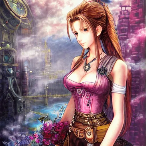 Image similar to a portrait painting of aerith from from final fantasy 7 with the steam punk city midgard as backdrop by master artist yoshitaka amano