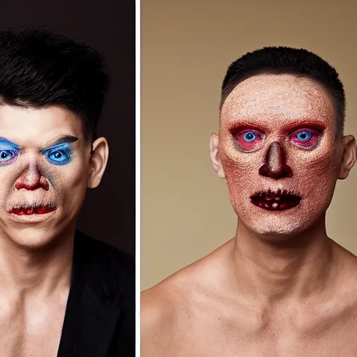 Image similar to an atractive male wearing prosthetics that makes his skin look like tiny mushrooms are growing from it, make up made the winner of the tv show the face off, photographed by andrew thomas huang for a magazine