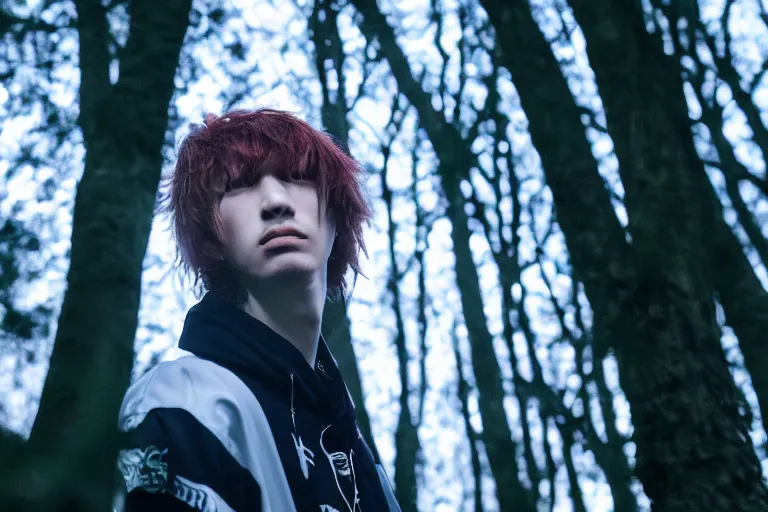 Prompt: cinematic still of bladee in dark forest, XF IQ4, f/1.4, ISO 200, 1/160s, 8K, RAW, dramatic lighting, symmetrical balance, in-frame