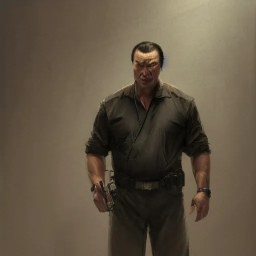 Prompt: sad steven seagal in jail cell, intricate, highly detailed, digital painting, artstation, concept art, smooth, sharp focus, illustration, art by greg rutkowski, patriotic!