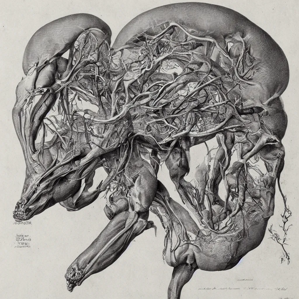 Image similar to anatomical engraving of an unknown specie, anatomical study of animal hybrids from another universe