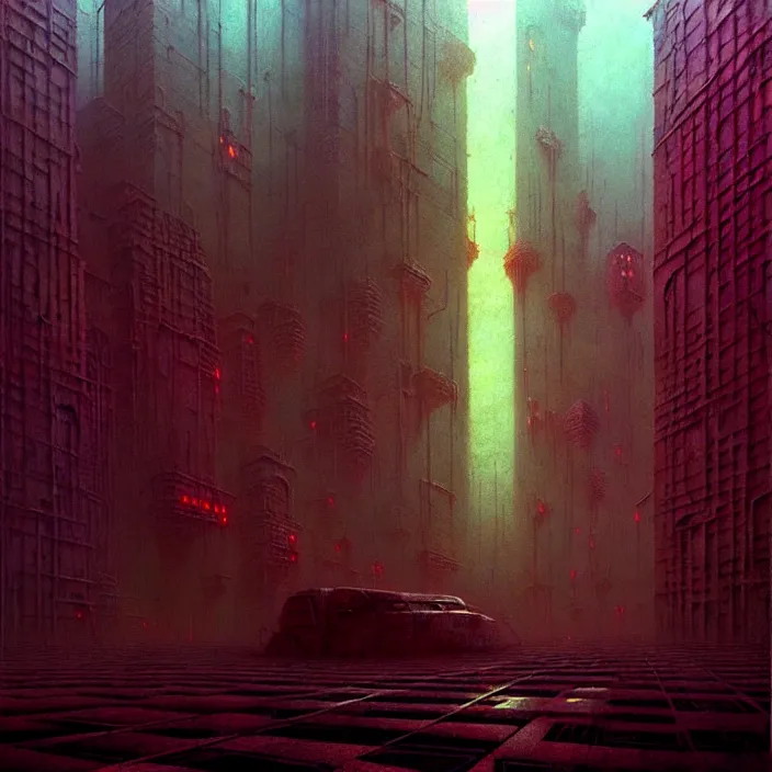 Image similar to ethereal horror of a cyberpunk cityscape, by zdzisław beksinski and greg rutkowski, organic, industrial, surreal, dark, cool colors