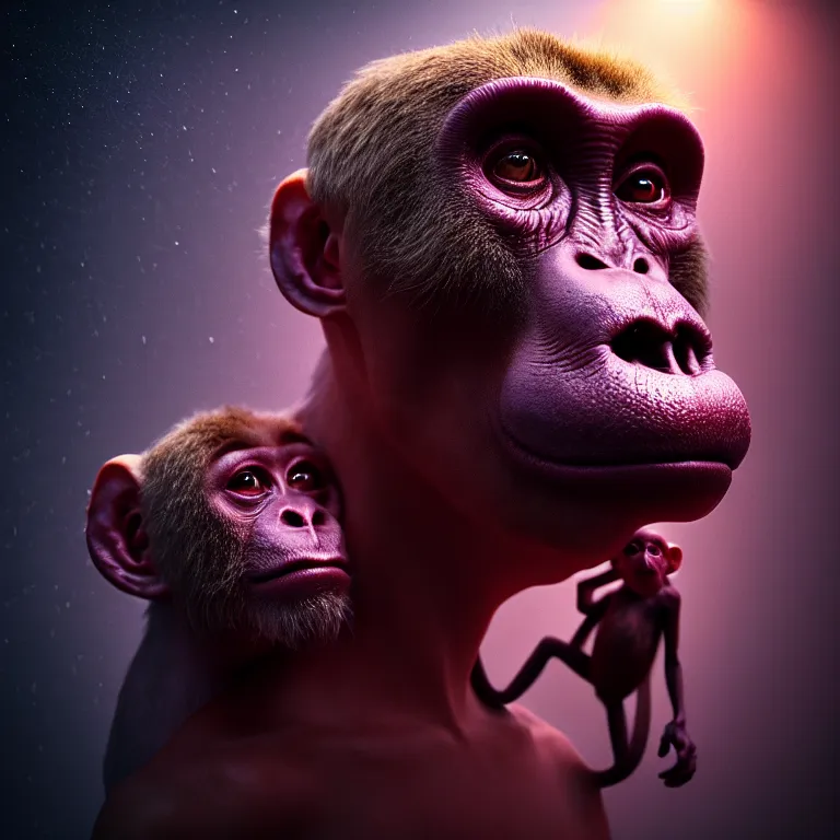 Image similar to closeup portrait of alien kissing monkey, lucid dream - like heavy atmosphere, baroque painting, harsh flash photo, perfect composition, detailed octane render trending on artstation, 8 k artistic photography, volumetric cinematic perfect light, chiaroscuro, masterpiece, raphael, caravaggio, beksinski, rutkowski, beeple