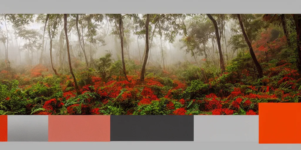 Image similar to a beautiful landscape of a foggy jungle, red and orange color scheme, hyperdetailed, vivid colors, photorealist, 4 k