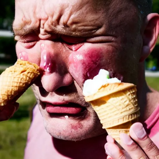 Image similar to a man crying his eye's out, snot dribbling out of his nose, because his ice cream cone is tiny. photograph.