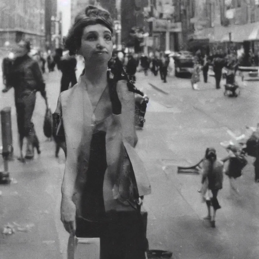 Image similar to street photography portrait of a woman in new york from the year 1 9 6 0, ultra - detailed hyper - realistic, photographed on damaged film