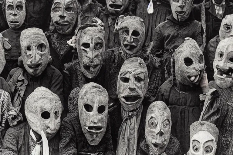 Prompt: vintage photo of villagers wearing weird masks, eerie, bizarre, highly detailed shot, dramatic 8 k uhd