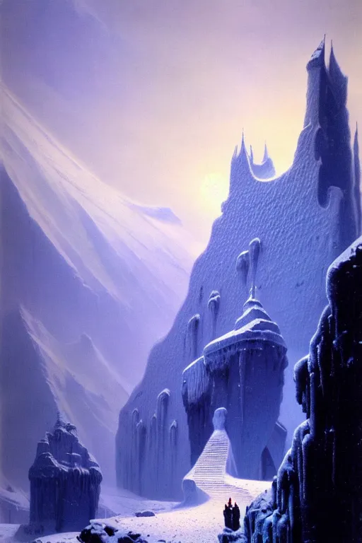 Image similar to castle of ice by bruce pennington and gustave courbet, 4 k, hd, amazing details, sharp focus, post - processing, smooth