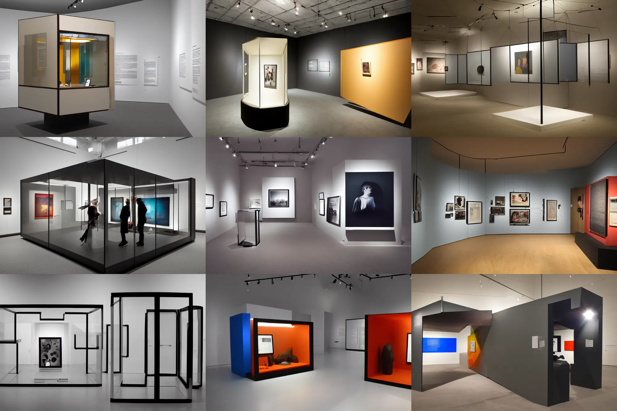 Prompt: museum exhibit, contemporary bauhaus mobile, small exhibit chamber, ambient light, moody