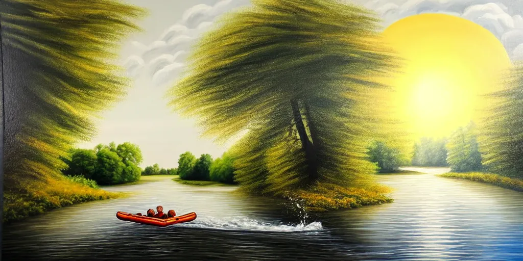 Image similar to A very detailed painting featuring a river in Europe surrounded by trees and fields. A rubber dinghy is slowly moving through the water. Sun is shining. minimalist painting