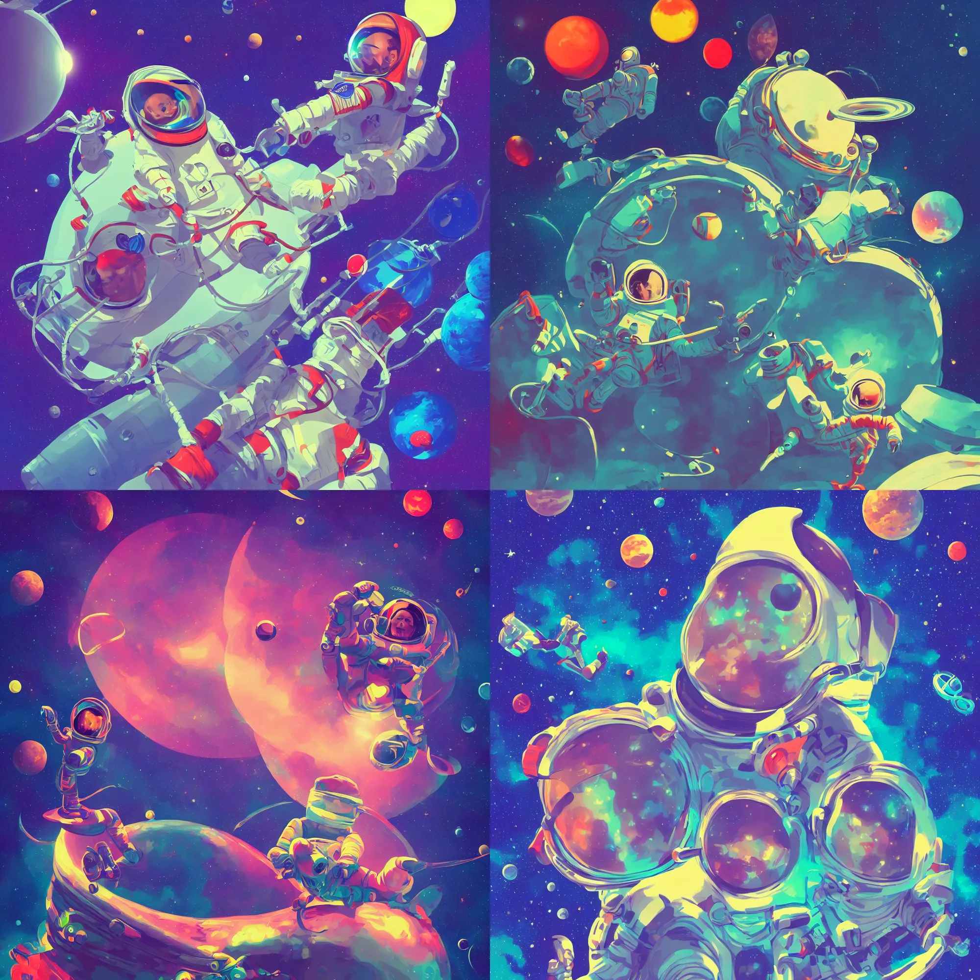 Image similar to an Astronaut lie relaxed on a crescent moon between the stars and the planets in outer space, psychedelic style, 4k, illustration, trending on artstation by David Nakayama and tyler edlin