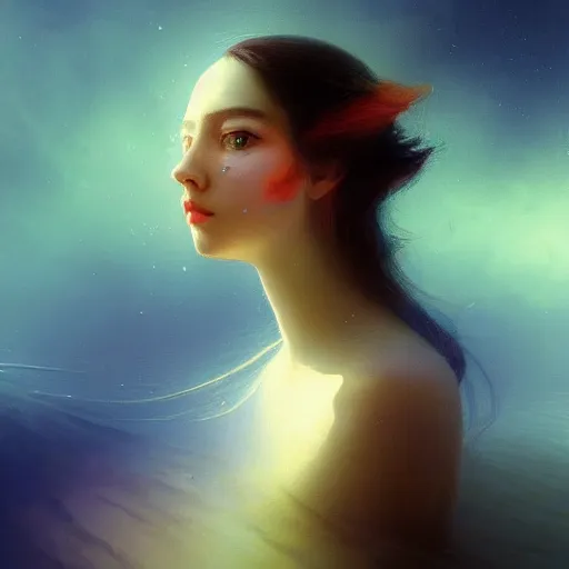 Prompt: three-quarters portrait, skin flaking off like burnt paper, different colored multicolored eyes, long flowing hair underwater, imagination cosmic dream, dreamy, 8k artgerm bokeh, award winning photography, trending on artstation, by Ivan Aivazovsky and Odilon Redon