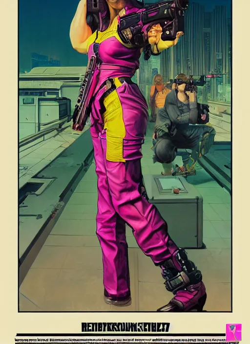 Prompt: cyberpunk female assassin wearing pink jumpsuit and pointing a yellow belt fed pistol. advertisement for pistol. cyberpunk ad poster by james gurney, azamat khairov, and alphonso mucha. artstationhq. painting with vivid color, cell shading. buy now! ( rb 6 s, cyberpunk 2 0 7 7 )