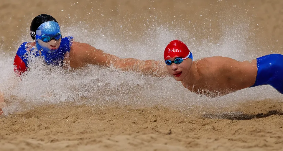 Image similar to olympic swimming in sand instead of water, extremely coherent, motion blur