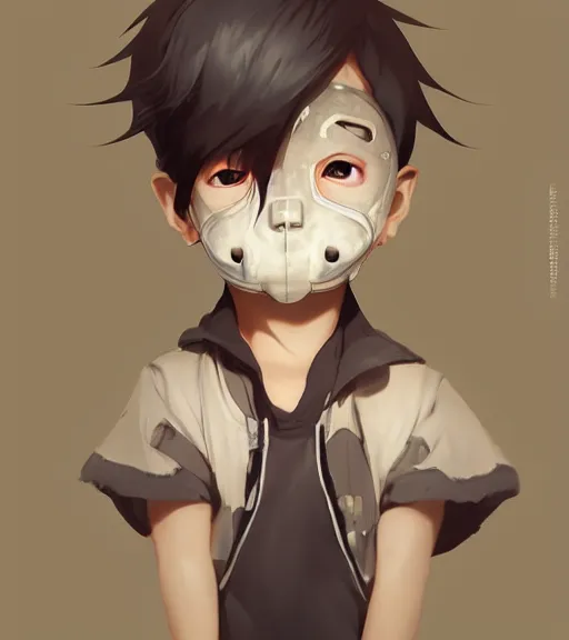 Image similar to beautiful little boy anime character inspired by jason voorhees, art by rossdraws, wlop, ilya kuvshinov, artgem lau, sakimichan and makoto shinkai, concept art, anatomically correct, extremely coherent, realistic, mask, smooth, hd, 8 0 s haircut