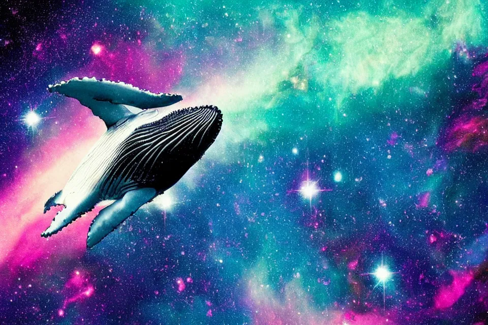 Image similar to a beautiful humpback whale swimming through a colorful nebula in space
