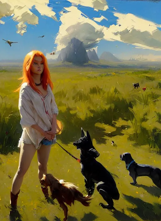 Prompt: Greg Manchess painting of Zero Two in casual wear out playing with the dogs, countryside, fantasy character portrait, dynamic pose, above view, sunny day, thunder clouds in the sky, artwork by Jeremy Lipkin and Giuseppe Dangelico Pino and Michael Garmash and Rob Rey, very coherent asymmetrical artwork, sharp edges, perfect face, simple form, wacky, 100mm