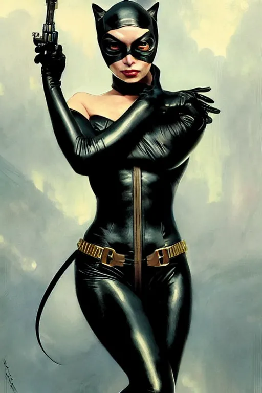 Image similar to aeon flux as catwoman picture by Greg Rutkowski, dynamic pose, flawless, matte painting, intricate, fantasy concept art, elegant, by Stanley Artgerm Lau, WLOP, golden ratio, thomas kindkade, alphonse mucha, loish, Peter chung, norman Rockwell,