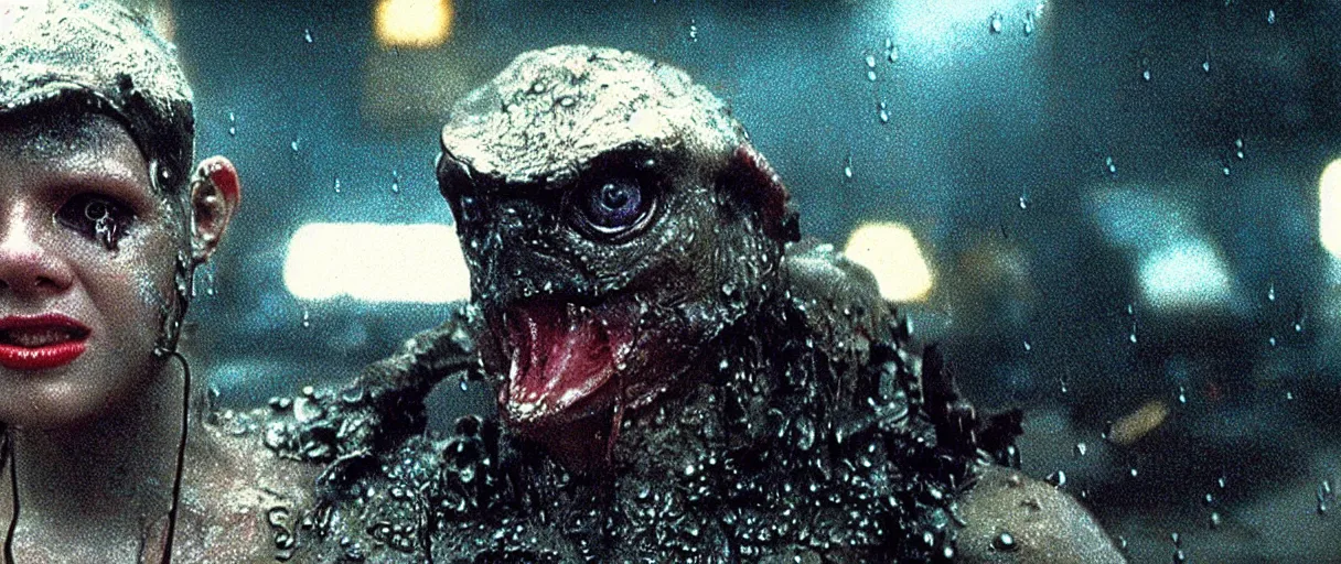 Image similar to Close up of a happy Lepidobatrachus laevis facing the camera in a still from the movie Blade Runner (1982), high quality, rain, rain drops, cold neon lighting, 4k, night, award winning photo, beautiful