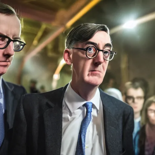 Image similar to hyperrealistic photography of jacob rees-mogg lost and confused in a rave with michael gove, wide angle, 28mm, dramatic disco lighting