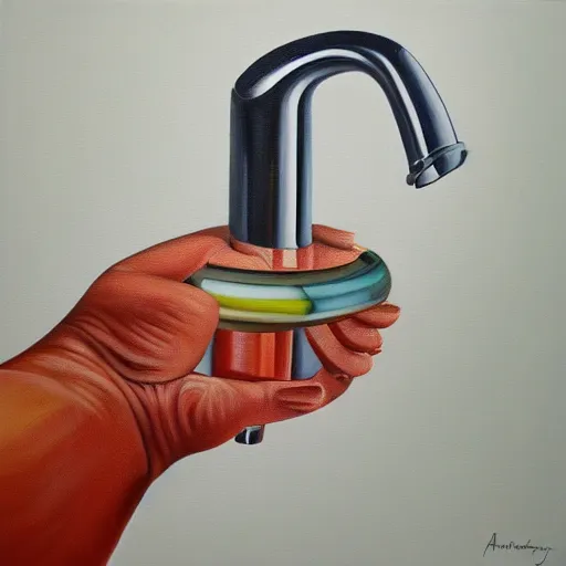 Image similar to a painting of a faucet and soap dispenser, an airbrush painting by howard arkley trending on artstation, photorealism, hyper realism, oil on canvas, detailed painting