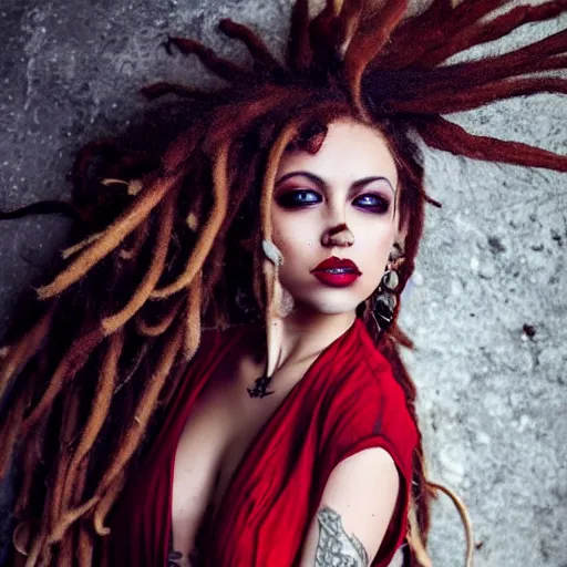 Image similar to photography flawless beautiful instagram female with blonde and red dreadlocks in a black ballgown, dark, piercing eyes, exotic expression, esoteric clothing, photorealistic, highly detailed, mysterious lighting, smooth, sharp focus, 8 0 mm camera
