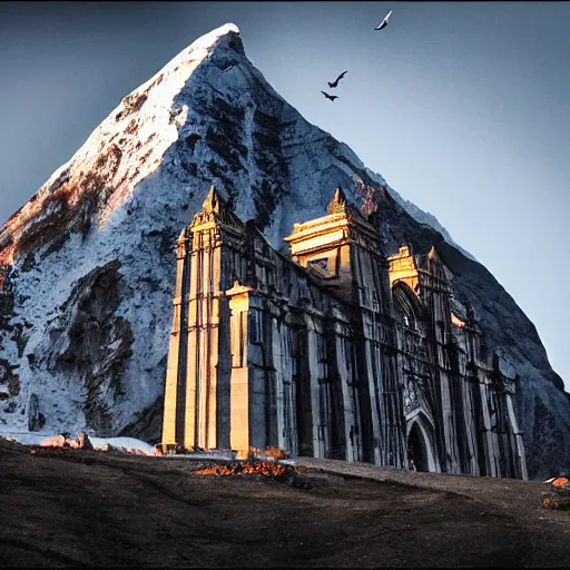 Image similar to photograph of an intimidating and mysterious cathedral built into the side of a Himalayan mountain at a high elevation, designed by I.M. Pei and Giger, cinematic lighting, dramatic masterpiece, magic hour, vultures flying in sky