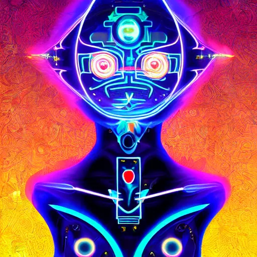 Image similar to portrait of a future metaverse cyborg tech shaman warrior, 2D cartoon, flat cartoony, visionary art, symmetric, Magick symbols, holy halo, shipi bo patterns, sci-fi